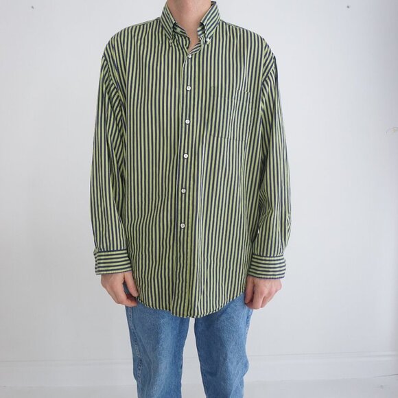 VTG Brooks Brothers Sport Shirt Green Pinstripe Cotton Button Down Dress Shirt L - Picture 1 of 11